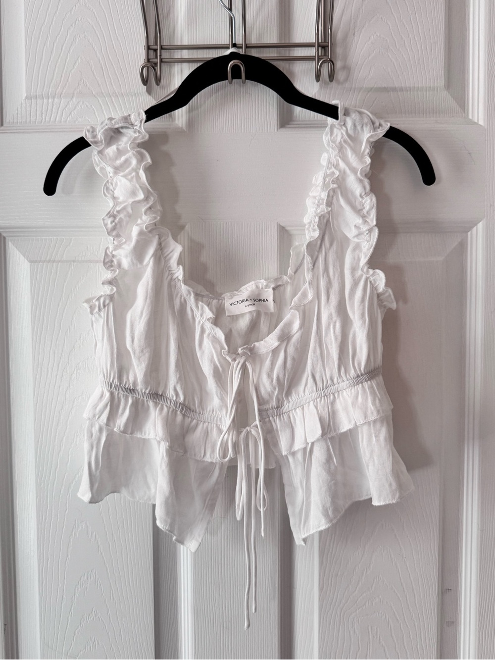Victoria + Sophia White Ruffle Tie-Front Crop Top